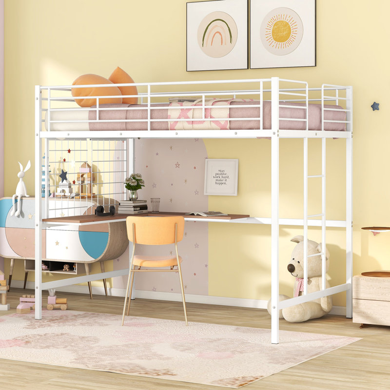 Full Metal Loft Bed With Desk And Metal Grid, White