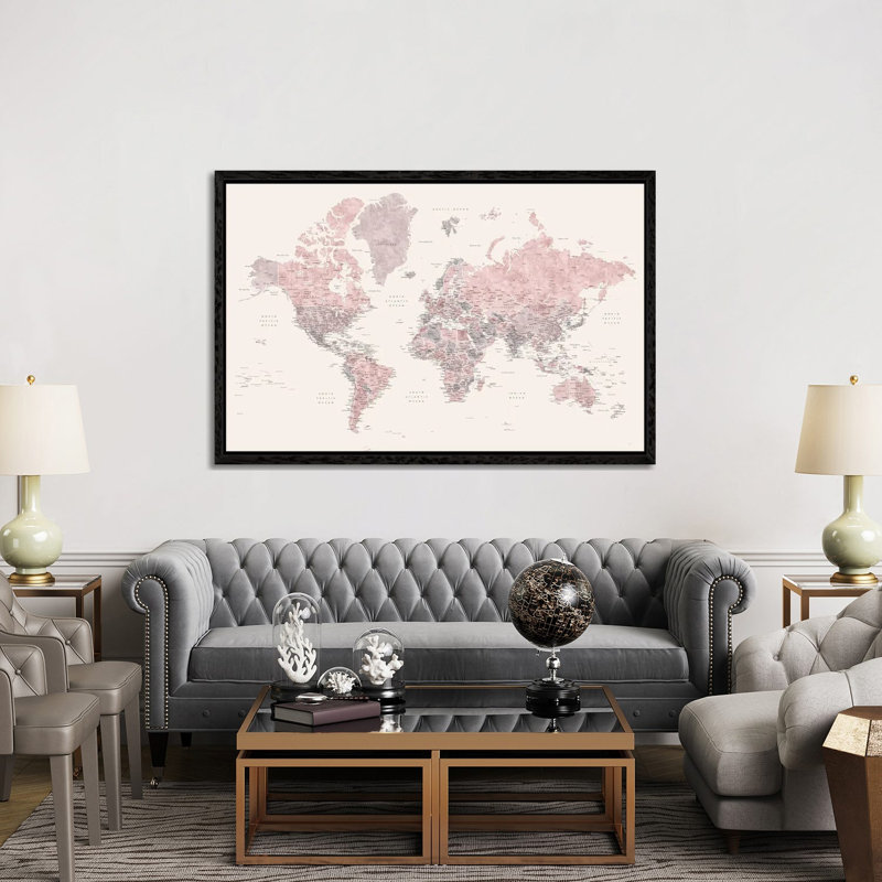 Detailed World Map, Madelia, In Dusty Pink, Grey And Cream 1 Piece Wall Art on Canvas, 152.5 cm H x 101.5 cm W, Black Framed
