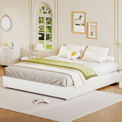 King Cloud Bed Frame, Low Platform Bed with Wood Legs, White | Corduroy Soft Fabric, No Box Spring Needed, Noiseless, Sturdy Construction
