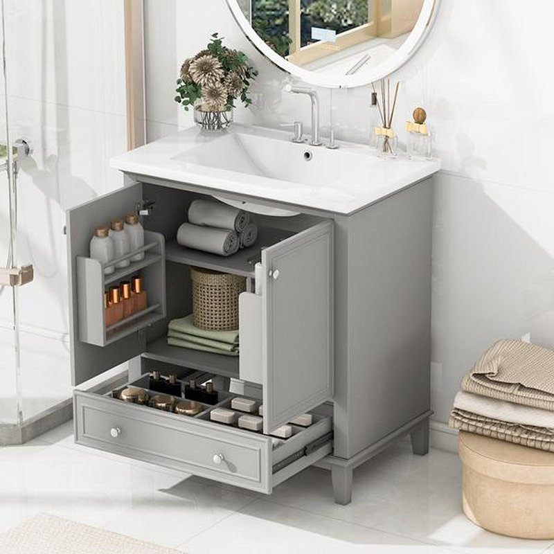 Ensemble de meuble-lavabo 30 po avec lavabo, armoire de salle de bain multifonctionnelle avec portes et tiroir, cadre solide et panneau de fibres à densité moyenne (gris)