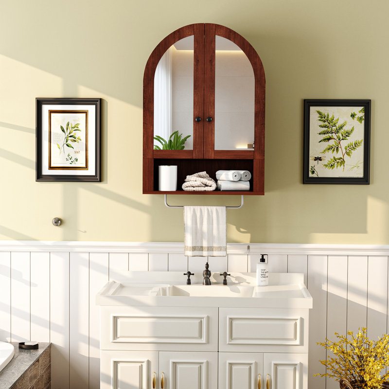 Armoire murale arquée avec portes en miroir et tablettes réglables, Brun
