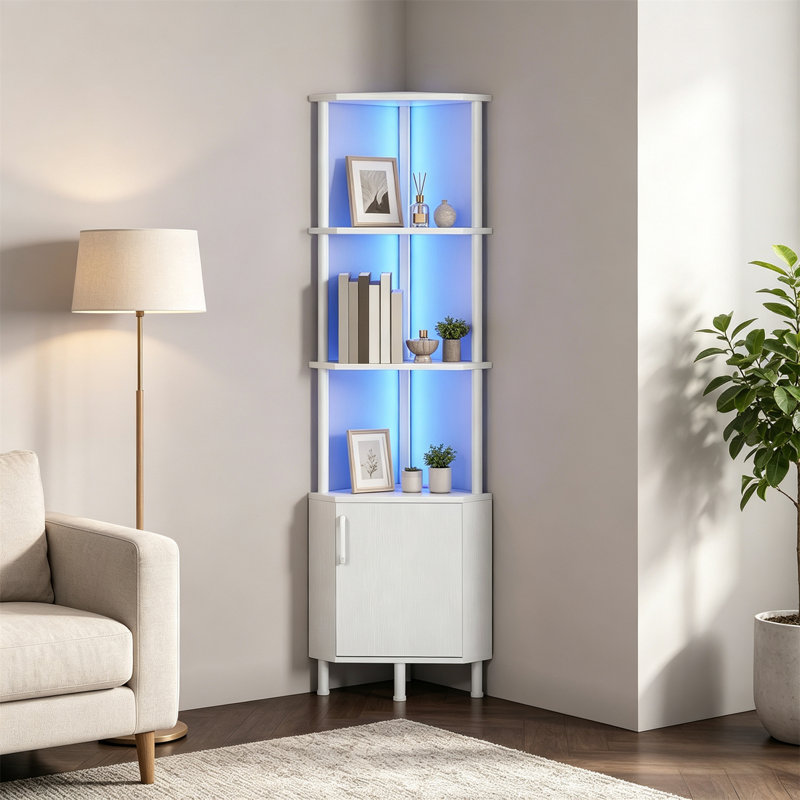 Corner Cabinet with LED Lights, Corner Shelf with Storage Cabinet & Door, 5-Tier Industrial Corner Bookshelf, Display Stand for Living Room, Kitchen