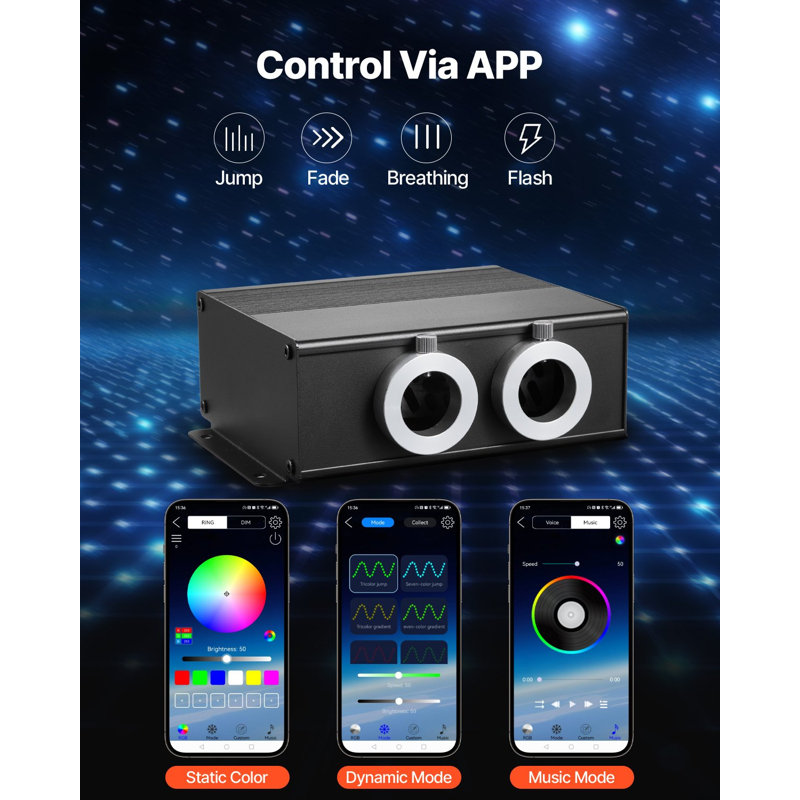 Ensemble de pavillon étoilé, 900 pièces, 0,03 po 9,8 pi, 20W, lumières scintillantes à fibre optique scintillante pour voiture, application Bluetooth, télécommande, son activé, moteur d'éclairage RVBW, pour la décoration de la chambre à coucher