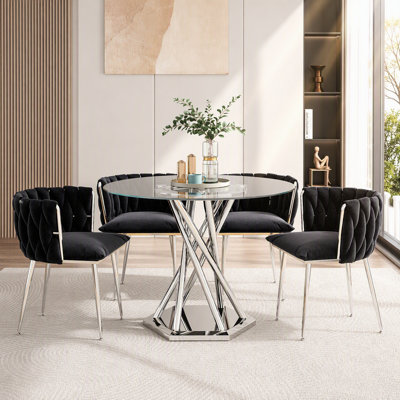 Ensemble de table de salle à manger 38,9 po pour 4, 5 pièces, ensemble de table de salle à manger ronde en verre trempé avec 4 chaises rembourrées en velours, pour cuisine, appartement