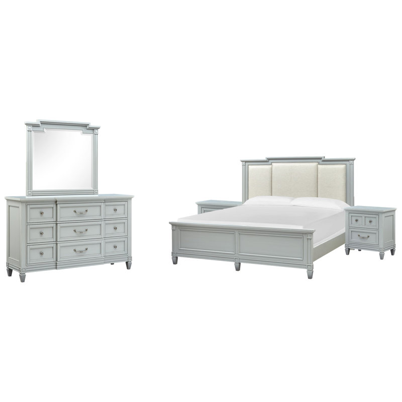 Très grand lit tapissier à panneaux 2 pièces Birdsall California, 5 Pcs: Bed, 2 Nightstands, Dresser, Mirror, California King