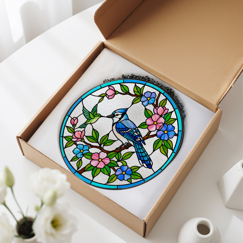 7.8"H Blue Jay Stained Glass Window Panel, 7.8" H x 7.8" W