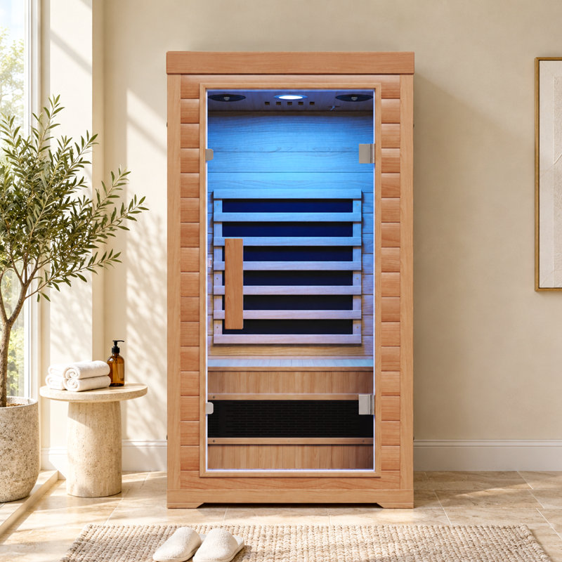 Sauna infrarouge lointain à faible champ électromagnétique pour une personne, sauna de 1476 W avec 6 éléments chauffants, luminothérapie 7 couleurs et bois massif de qualité supérieure, pour une détente et un bien-être optimaux.
