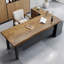 Bureau brun et noir en bois massif en forme de L + fer-1913212546