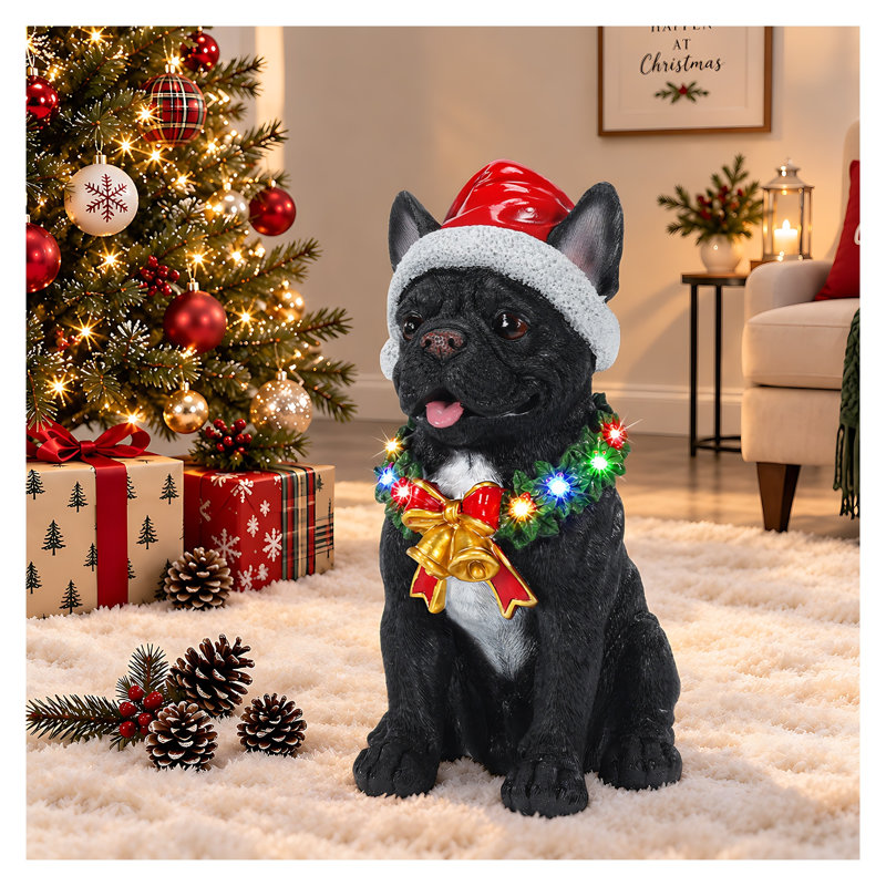 Lighted Christmas French Bulldog Statue with Santa Hat and LED Wreath, Black Resin Frenchie Figurine for Holiday Decor