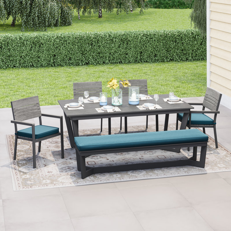 Abby 78.74'' Rectangular 6 - Person Outdoor Dining Set with Cushions, Peacock/Gray
