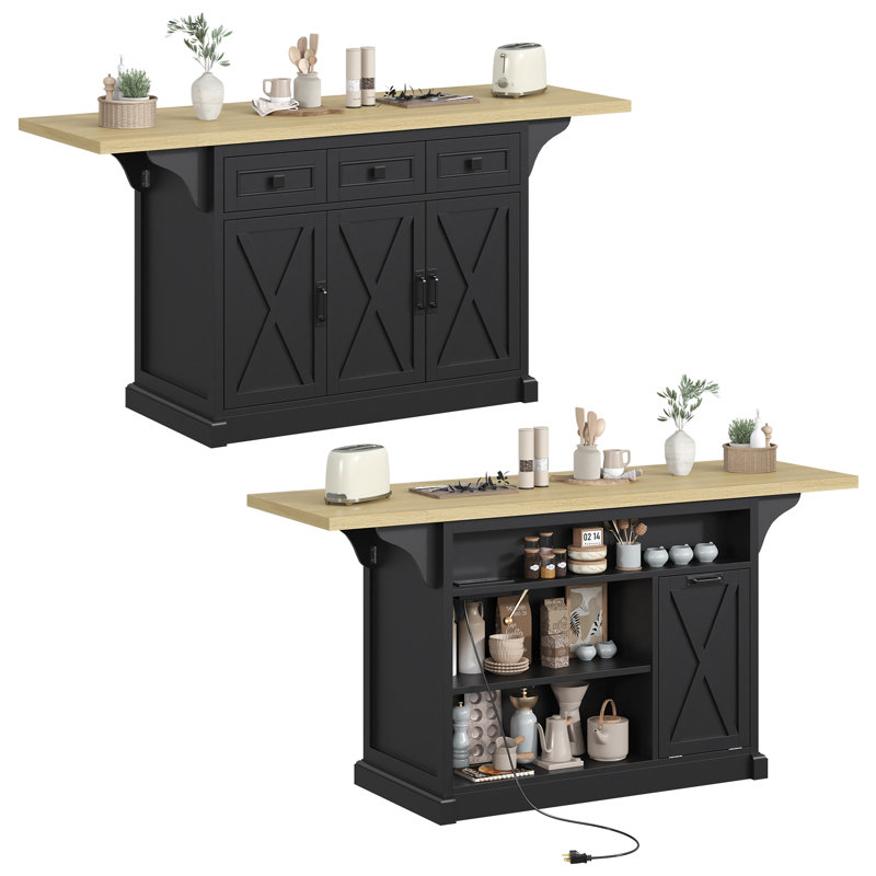 71.3" Large Kitchen Island with Drop Leaf, Power Outlet, Kitchen Rolling Island Cart w/ 3 , Island Table with Trash Storage Cabinet & 3 Large Storage Rack, Spice Rack, White