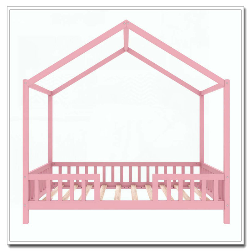 Lit de plancher en bois avec auvent en forme de maison, Lit simple, Rose