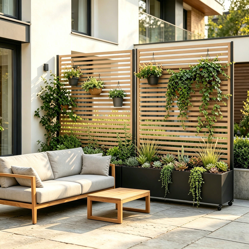 Outdoor Patio Metal Planter Box with Trellis, wheels, Strip Wood