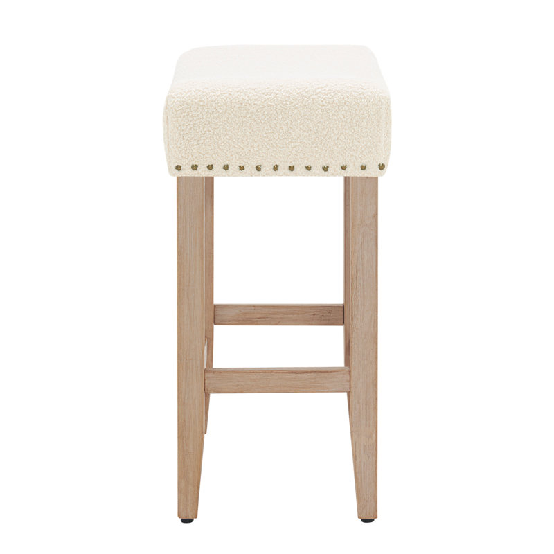 Backless Saddle Upholstered 26" Counter Stool with Wood Frame, White, Beige
