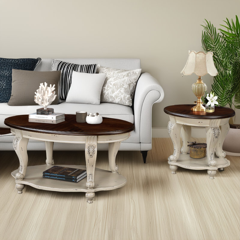 Rustic Round Wood Coffee Table 2 Set, White