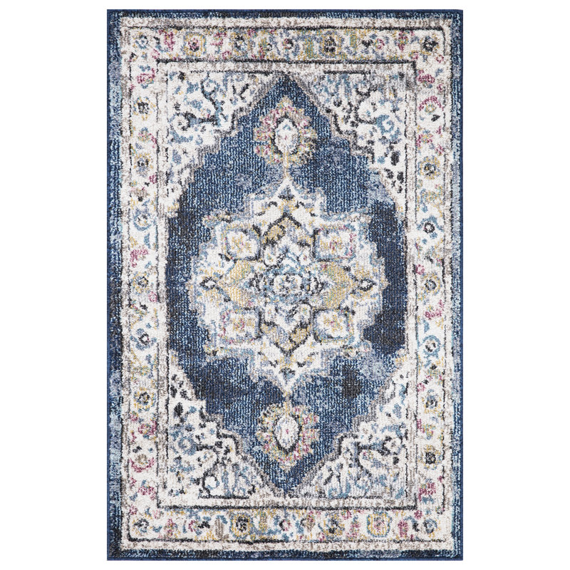 Tapis médaillon bleu marine Emmah, Rectangle 6 pi 7 po x 9 pi 3 po