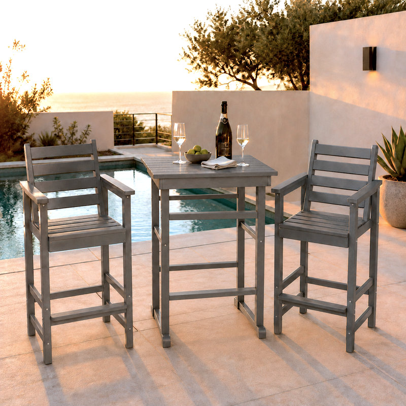 Ensemble de 3 chaises de bar et table Adirondack d'extérieur, ensemble de bar de patio en PEHD toutes saisons, Gris