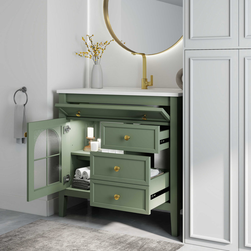 Meuble-lavabo de salle de bain 35,6 po Mid-Century avec verre à motif et bande lumineuse à capteur de mouvement, meuble-lavabo sur pied Farmhouse