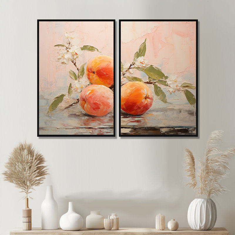 Fruit abstrait pêche - ensemble d'art mural traditionnel de 2, Black, 36" H x 48" W, Impression encadrée flottante