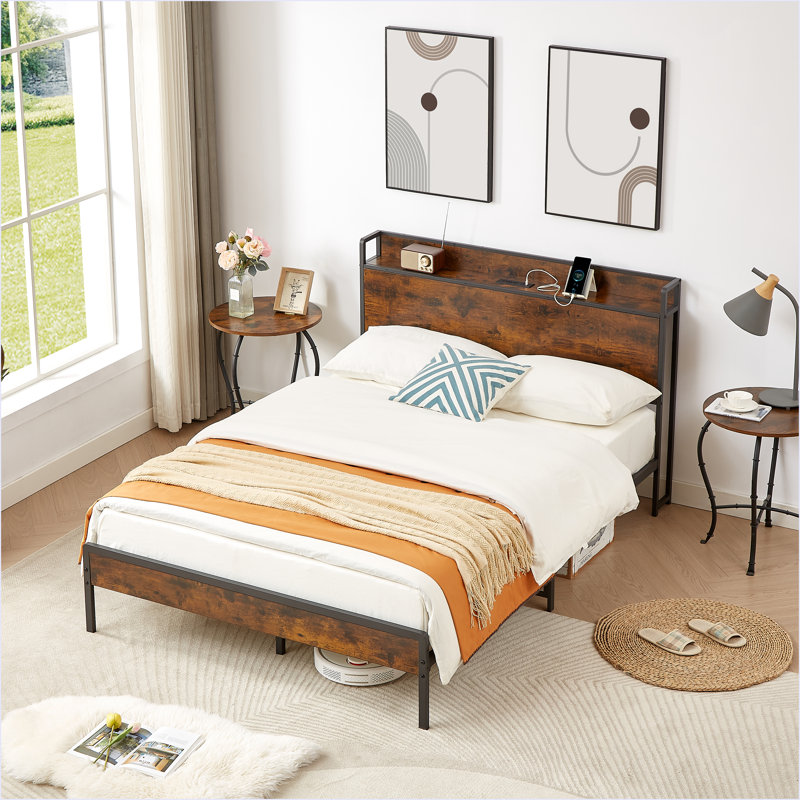 Base de lit avec station de charge, Double, Brun
