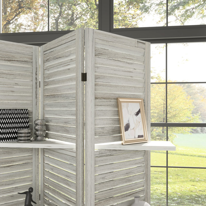 Cloison de séparation en bois à 5 panneaux de 67 po de hauteur, cloison autoportante avec 3 tablettes blanc vieilli