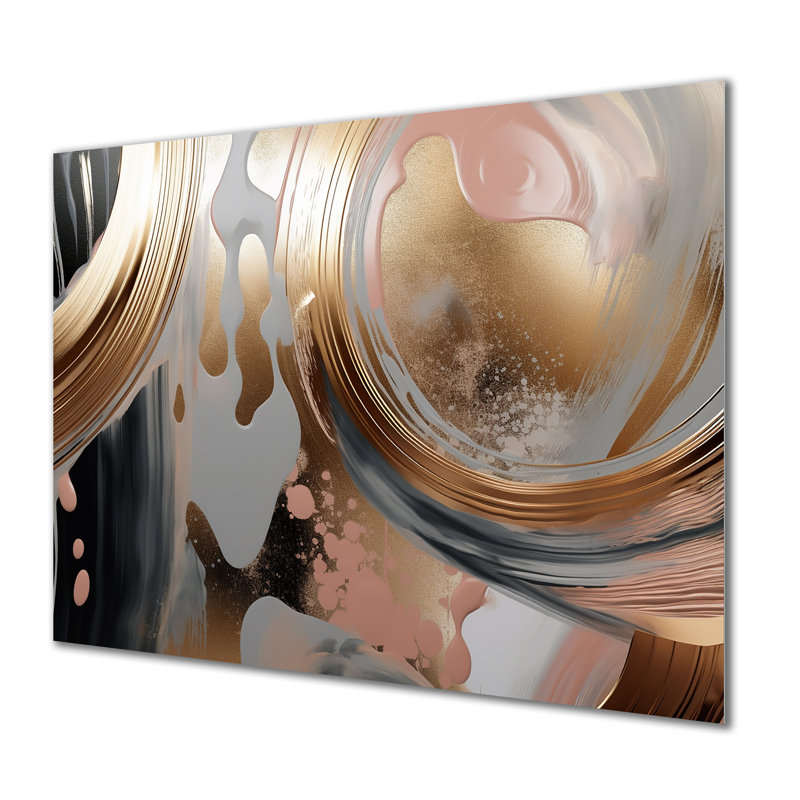 Abstrait doré et rose Infinity Circles VII - art mural abstrait à l'encre liquide en métal, H 30 po x l 40 po x P 1,5 po
