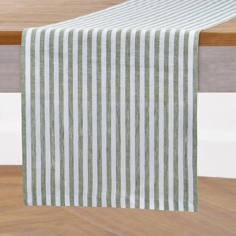 Amalfi Stripe - 100% Pure Linen Table Runner, 60" x 14", Green/White