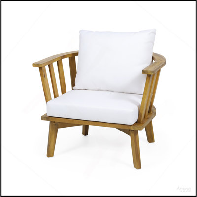 Fauteuil club d'extérieur en bois d'acacia, meubles de patio en bois, coussins épais et imperméables pour porche, jardin, cour arrière, balcon, capacité de poids de 400 lb, finition teck, blanc