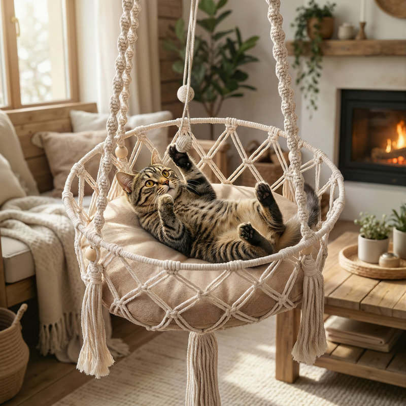 Emellie Bohemian Style Cat Hammock & Bed, Cat Swing with Hanging for Sleeping, Indoor/Outdoor Home Décor