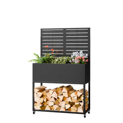 35.43" Wide Galvanized Steel Planter With Trellis & Wood Storage, Mobile Outdoor Privacy Screen With Deep 11.81" Planter Box & Drainage Holes