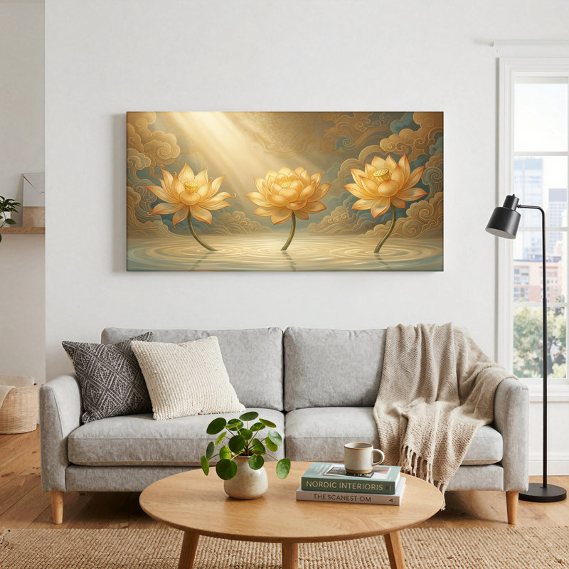 Ensemble de 1 tableau sur toile Lotus doré, L 32 po x H 16 po, Toile tendue
