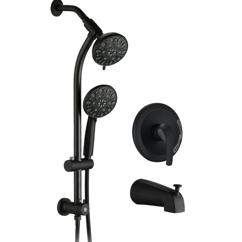 Douche à barre coulissante en acier inoxydable, deux têtes, noir mat, débit de 1,8 gallon par minute, débit de baignoire à 7 réglages inclus, résistance à la corrosion