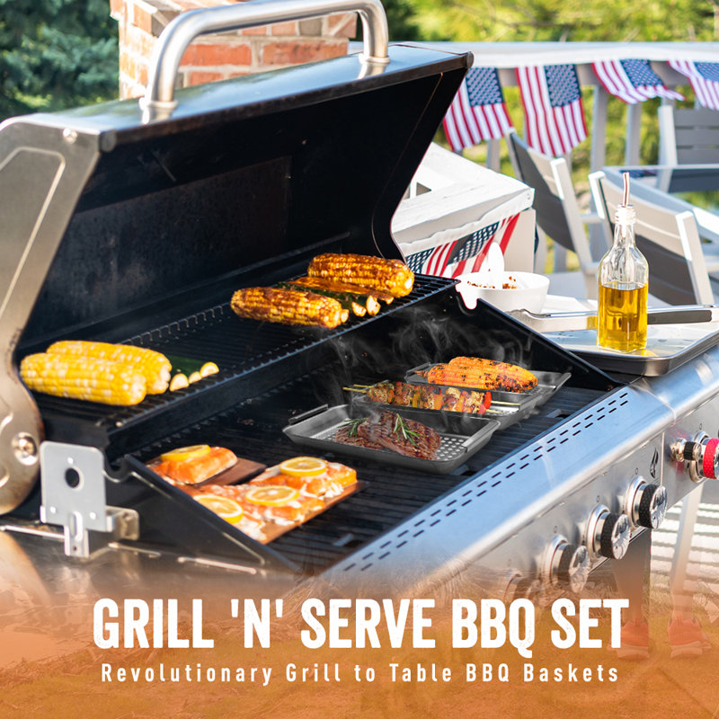Stainless Steel BBQ Grill Basket Set with Clip-On Handle