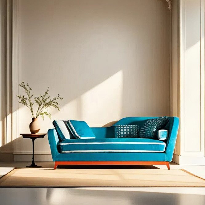 Méridienne tendance, décontractée, créative, élégante, Orienté à droite, Orange, Blanc / bleu ciel