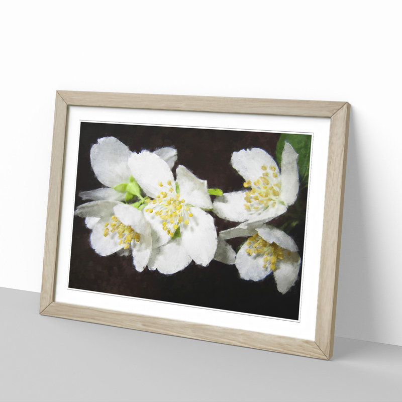 White Jasmine Flowers Painting - Picture Frame Painting Print, 33cm H x 45cm W x 2cm D, Oak