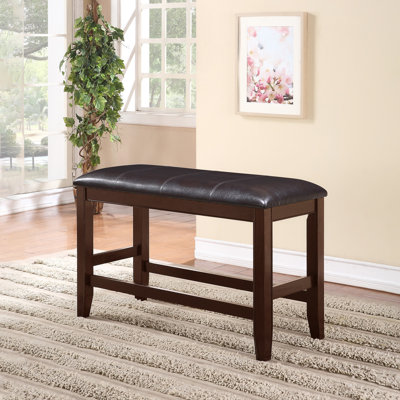 Farmhouse Style 1pc Brown Espresso Counter Height Bench Footrest Faux Leather Upholstered Seat Wooden Furniture