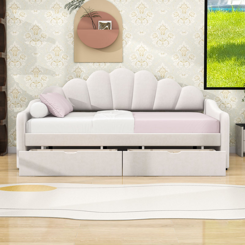 Upholstery Daybed Frame with 2 Drawers, Beige