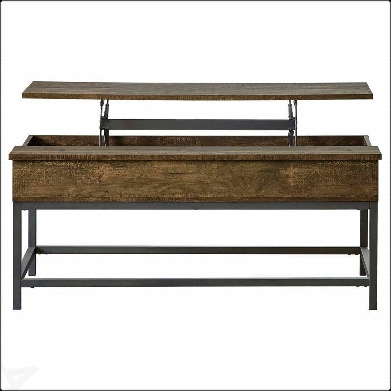 Table basse réglable à plateau relevable en chêne brun et noir sable avec rangement, parfaite pour la vie moderne et la flexibilité de l'espace de travail.