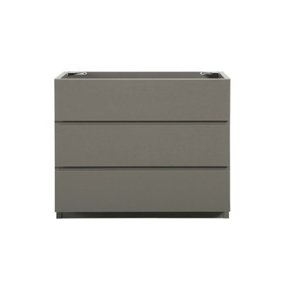 Élégant meuble-lavabo autoportant gris avec trois tiroirs, pré-assemblé pour un rangement et un style modernes.