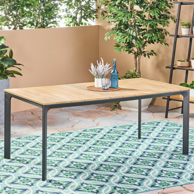 Table de salle à manger moderne gris, plateau en bois avec aspect aluminium, patio et cour arrière, 69,15 po Profondeur x 35,53 de largeur, 28,88 de hauteur, 6 chaises intégrées pour la cour arrière