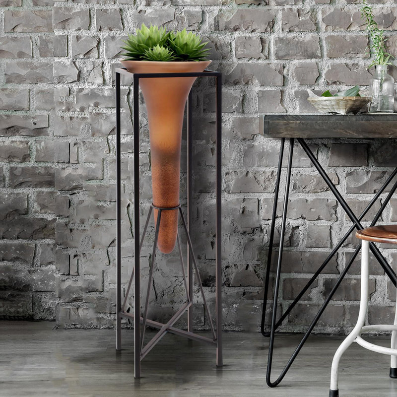 Bronze Euler Drop Vase with Black Iron Stand, 32" H x 8" W x 8" D