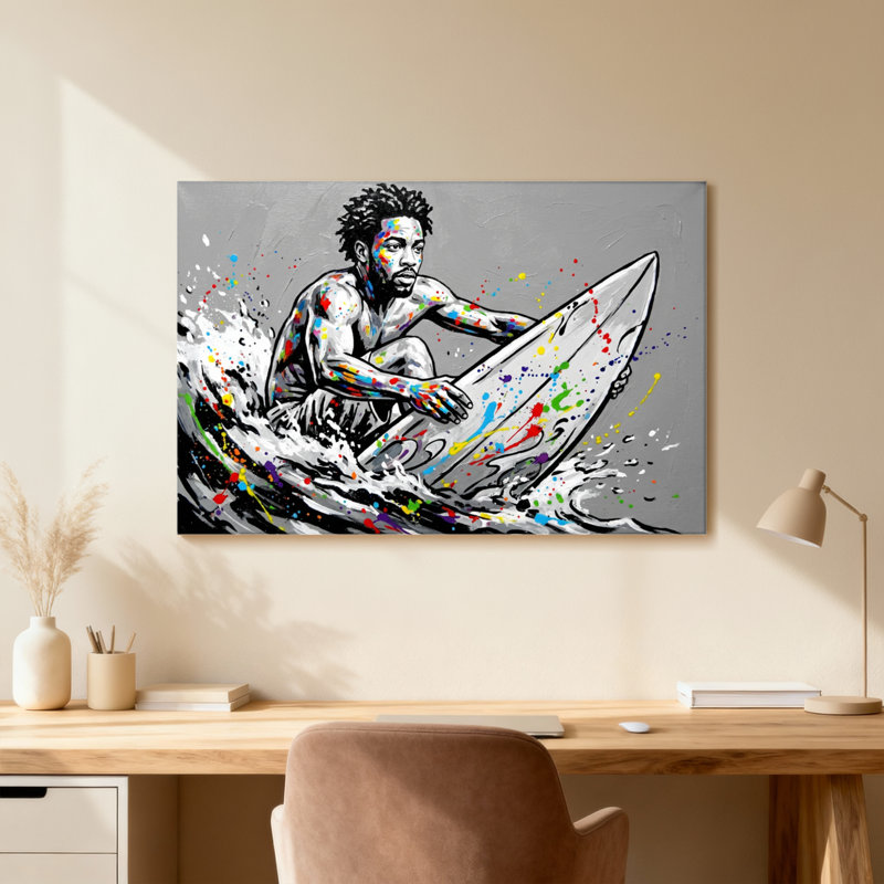 Surfer Riding Wave With Colorful Splashes, 16" H x 24" W, Light Wood Grain, Single Picture Framed