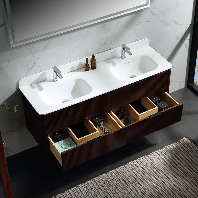 Ensemble de meuble-lavabo mural flottant cannelé à grain de bois en noyer de 60 po avec meuble-lavabo double en acrylique et 4 tiroirs à fermeture en douceur Schlater