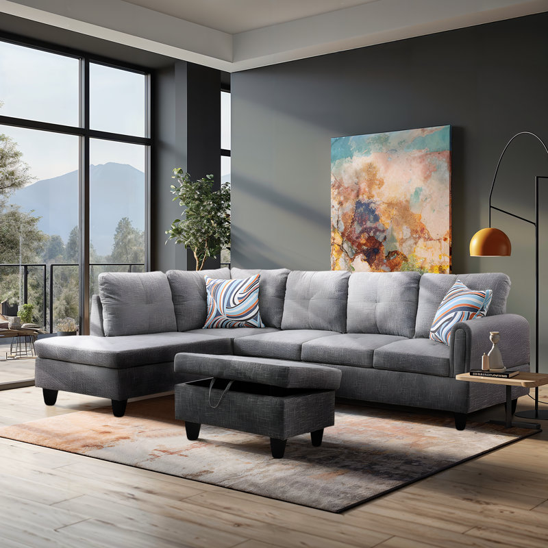 Furniture Modern Sectional Sofa L-Shape Convertible Couch Sofa with Ottoman Chaise Lounge, Black Gray 100% Linen