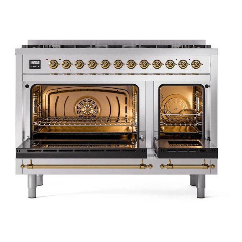 ILVE UPD406NMP Nostalgie II 48 inch Dual Fuel Range with 8 Total Black Brass Burners (Limited Edition), Stainless Steel