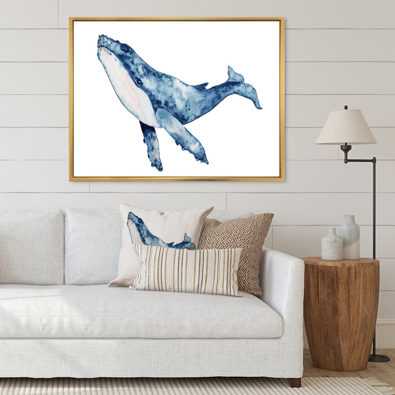 «Blue Whale on White II», reproduction sur toile, H 12 po x l 20 po x P 1 po, Cadre flottant doré