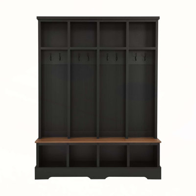 Farmhouse 59W Wide Hall Tree with 8 Hooks, Practical Entryway Bench and Open Compartments, 76.7H Modern 3-in-1 Wooden Style Coat and Shoe Rack