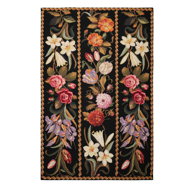 Tapis de jardin traditionnel noir en laine tissé à la main 6 x 9