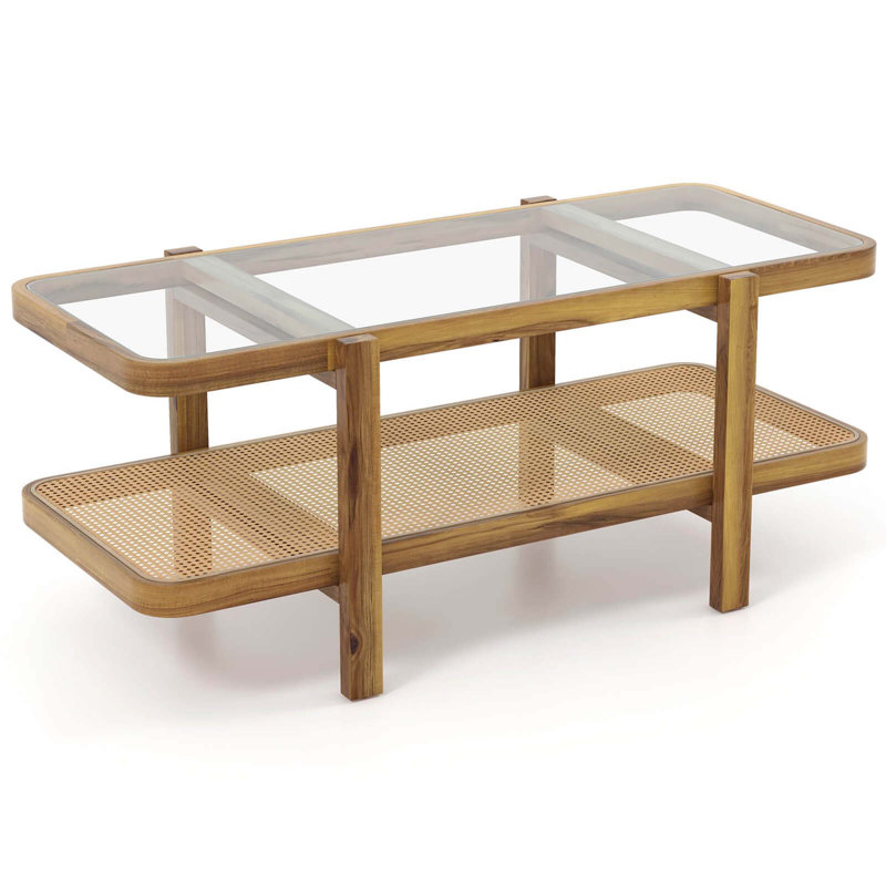 2-tier Rustic Coffee Table With Storage Tempered Glass Tabletop Pe Rattan Shelf 