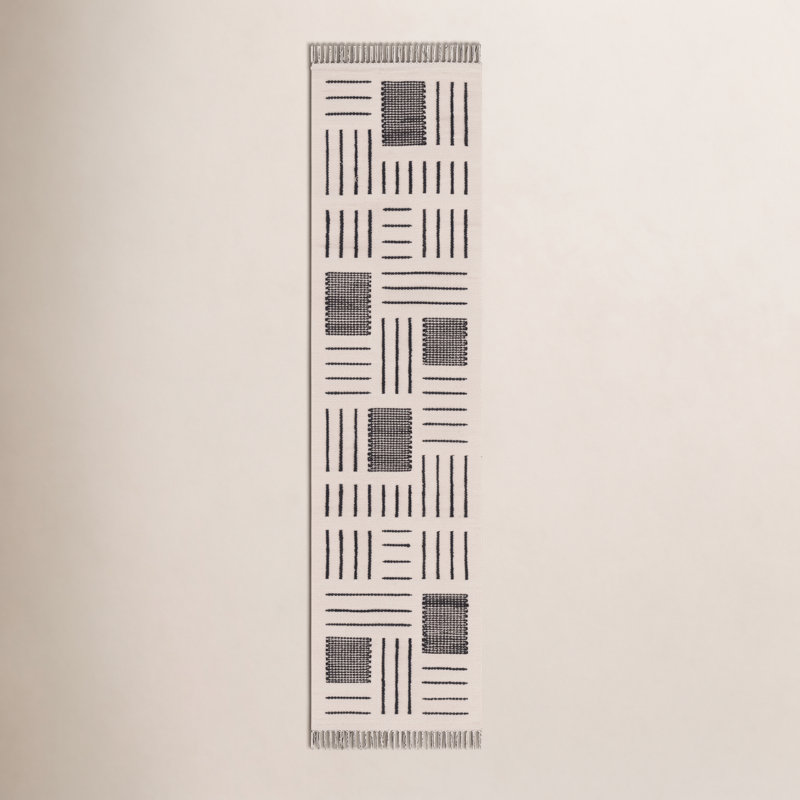 Flore Geometric Handmade Kilim Wool/Cotton Area Rug in Ivory/Black, Runner 2'3" x 9'